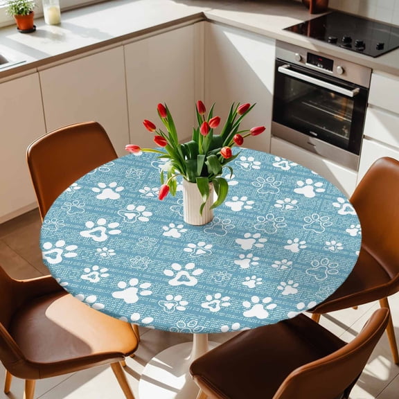 Round Fitted Tablecloth with Elastic Edge, Cute Pet Footprints on Sky Blue Fitted Table Cloth for Round Tables, Abstract Little Paws Waterproof Tablecloth for Outdoor Picnic Party 36-44in