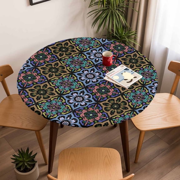 Round Fitted Tablecloth with Elastic Edge, Damask Baroque Ethnic Floral Bohemian Fitted Table Cloth for Round Tables, Rhombus Geometric Art Waterproof Tablecloth for Outdoor Picnic Party 45-54in