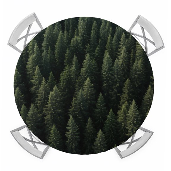 Round Fitted Tablecloth with Elastic Edge, Dark Green Forest Waterproof Table Cloth Table Cover for 45"-54" Tables, Pine Trees Modern Mysterious Art Tablecloths for Dining Picnic Party Outdoor