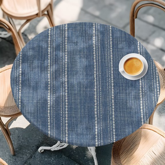 Round Fitted Tablecloth with Elastic Edge, Denim Blue and White Striped Waterproof Oil-Proof Table Cover, Modern Minimalist Lines Circle Table Cloth for Indoor Outdoor Picnic Party 36"x44"