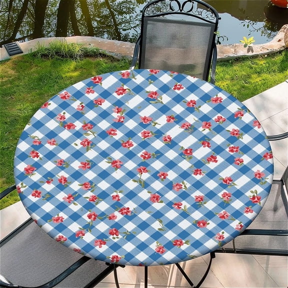 Round Fitted Tablecloth with Elastic Edge Design Table Cover Waterproof Stain-Resistant Wipeable Table Cloth Best for 38"-42" Round Tables Blue Checkered Pattern