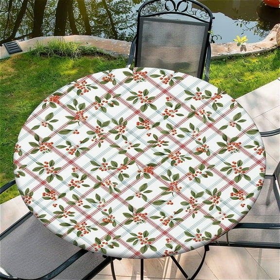 Round Fitted Tablecloth with Elastic Edge Design Table Cover Waterproof Stain-Resistant Wipeable Table Cloth Best for 38"-42" Round Tables Checkered Floral