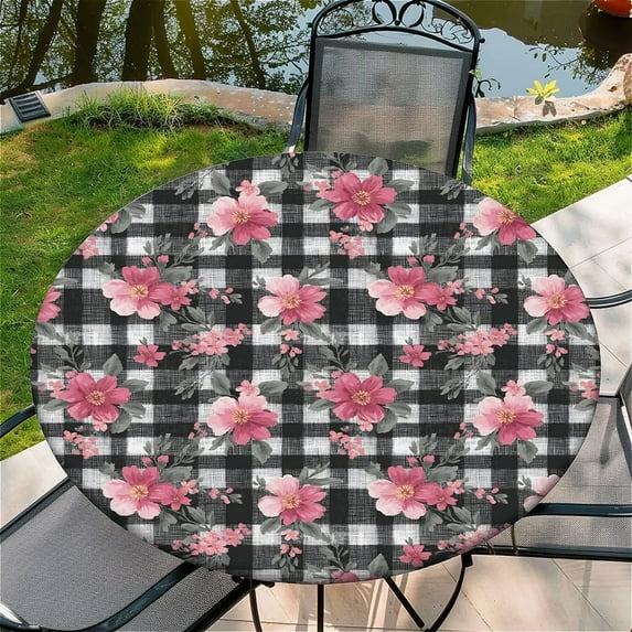 Round Fitted Tablecloth with Elastic Edge Design Table Cover Waterproof Stain-Resistant Wipeable Table Cloth Best for 38"-42" Round Tables for Outdoor Indoor Black and White Checkered Pattern