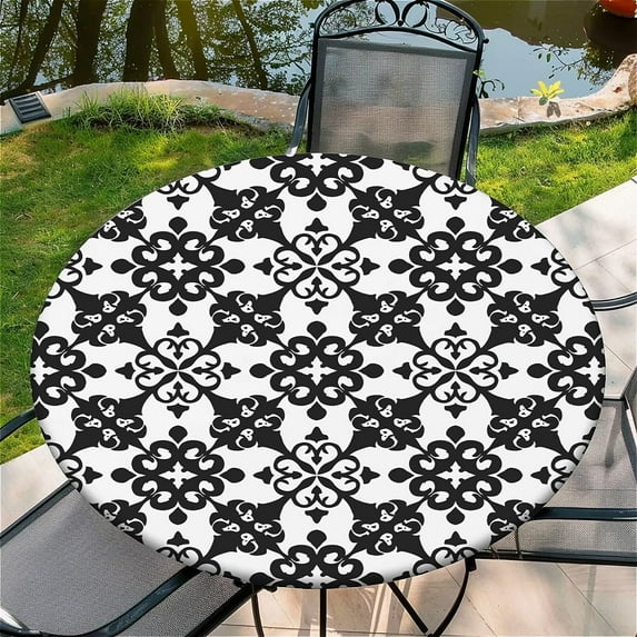 Round Fitted Tablecloth with Elastic Edge Design Table Cover Waterproof Stain-Resistant Wipeable Table Cloth Best for 38"-42" Round Tables for Outdoor Indoor Floral Geometry