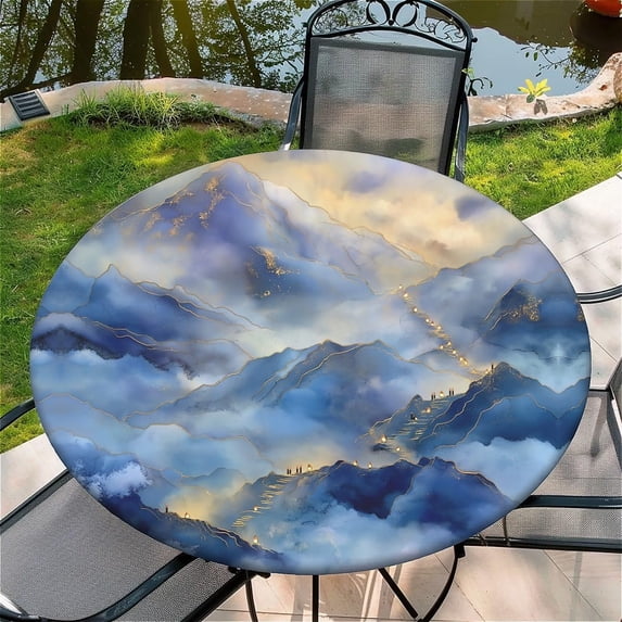 Round Fitted Tablecloth with Elastic Edge Design Table Cover Waterproof Stain-Resistant Wipeable Table Cloth Best for 38"-42" Round Tables for Outdoor Indoor Mountain