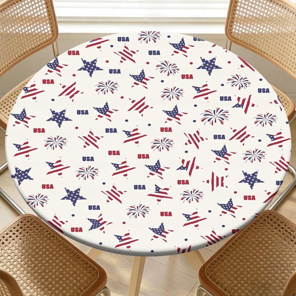Round Fitted Tablecloth with Elastic Edge Design Table Cover Waterproof Stain-Resistant Wipeable Table Cloth Best for 42"-46" Round Tables American Flag