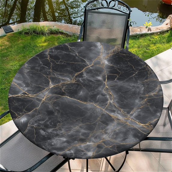 Round Fitted Tablecloth with Elastic Edge Design Table Cover Waterproof Stain-Resistant Wipeable Table Cloth Best for 42"-46" Round Tables for Outdoor Indoor Black Marble