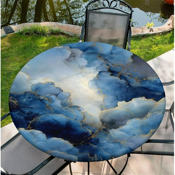 Round Fitted Tablecloth with Elastic Edge Design Table Cover Waterproof Stain-Resistant Wipeable Table Cloth Best for 42"-46" Round Tables for Outdoor Indoor Blue Marble