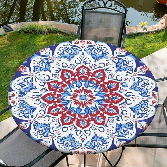 Round Fitted Tablecloth with Elastic Edge Design Table Cover Waterproof Stain-Resistant Wipeable Table Cloth Best for 42"-46" Round Tables for Outdoor Indoor Bohemia