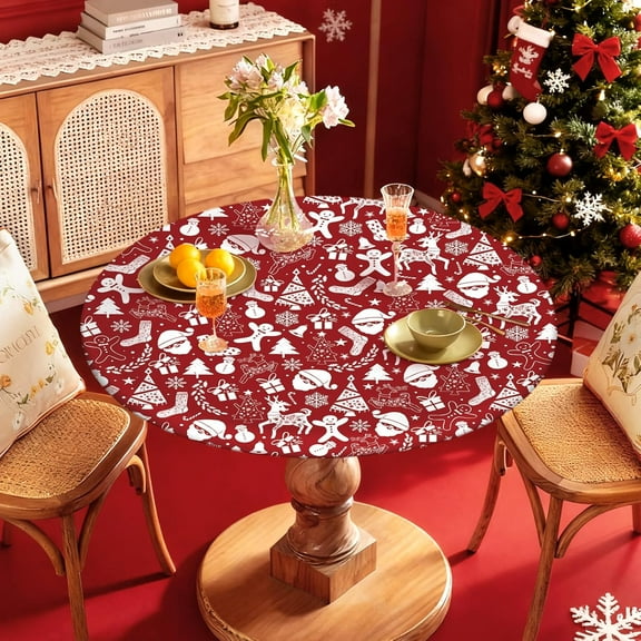 Round Fitted Tablecloth with Elastic Edge Design Table Cover Waterproof Stain-Resistant Wipeable Table Cloth Best for 42"-46" Round Tables for Outdoor Indoor Christmas
