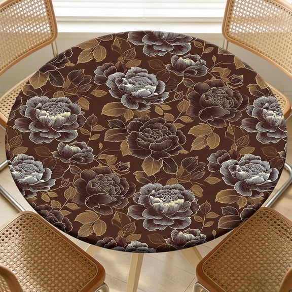 Round Fitted Tablecloth with Elastic Edge Design Table Cover Waterproof Stain-Resistant Wipeable Table Cloth Best for 54"-58" Round Tables for Outdoor Indoor Coffee Color