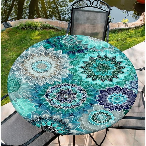 Round Fitted Tablecloth with Elastic Edge Design Table Cover Waterproof Table Cloth Stain-Resistant for 36"-65" Round Table for Dining, Picnic, Party, Decor, Outdoor