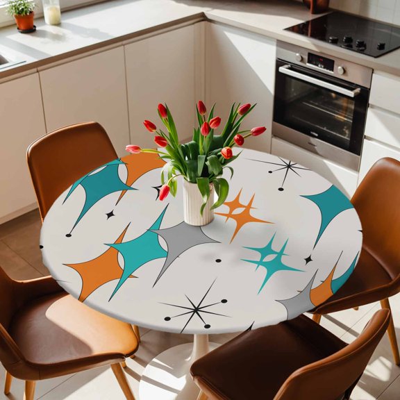 Round Fitted Tablecloth with Elastic Edge, Diamond Block Abstract Geometric Fitted Table Cloth for Round Tables, Retro Gray Bohemia Mediterranean Waterproof Tablecloth for Outdoor Picnic 36-44in