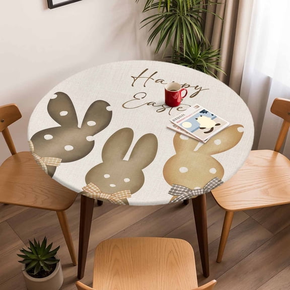 Round Fitted Tablecloth with Elastic Edge, Easter Dot Rabbits with Bowknot Fitted Table Cloth for Round Tables, Happy Quote on Farm Burlap Linen Waterproof Tablecloth for Outdoor Picnic Party 45-54in