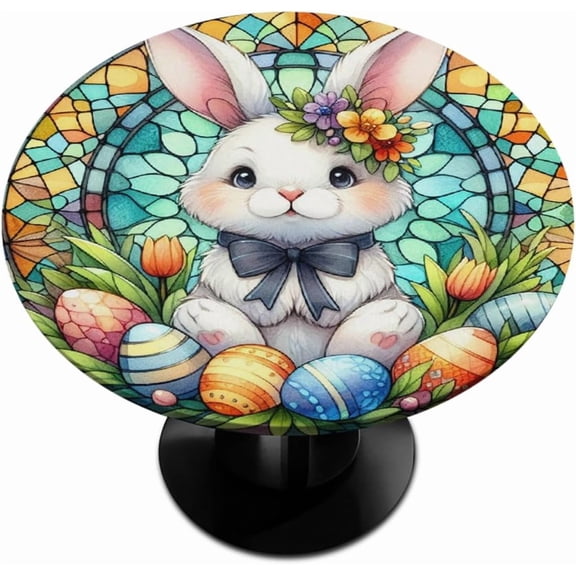 Round Fitted Tablecloth with Elastic Edge Easter Rabbit Decor Small Round Table Cover Wipeable Circle Table Cloths for Outdoor Party Patio Kitchen Holiday Decor Size 42 Fit for 40"-44" Table