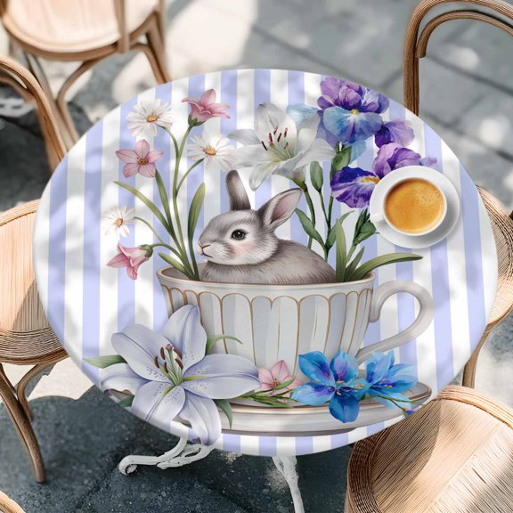 Round Fitted Tablecloth with Elastic Edge, Easter Rabbit in Tea Cup Waterproof Oil-Proof Table Cover, Lilies Purple Stripes Circle Table Cloth for Indoor Outdoor Picnic Party 36"x44"