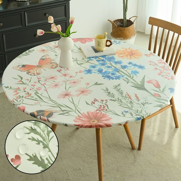Round Fitted Tablecloth with Elastic Edge,Elastic Waterproof Plastic Table Cover, Vinyl Table Cloth Fits 45"-56" Round Tables for Indoor Outdoor Patio Use(Flower)