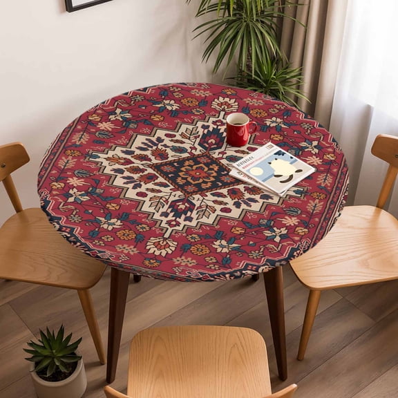 Round Fitted Tablecloth with Elastic Edge, Ethnic Red Vintage Floral Pattern Fitted Table Cloth for Round Tables, Boho Tribal Geometric Art Waterproof Tablecloth for Outdoor Picnic Party 45-54in