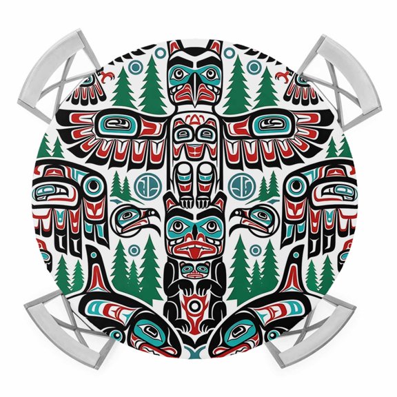 Round Fitted Tablecloth with Elastic Edge, Ethnic Tribal Vintage Waterproof Table Cloth Table Cover for 36"-44" Tables, Southwestern Retro Totem Abstract Tablecloths for Dining Picnic Party Outdoor