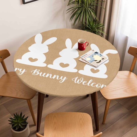Round Fitted Tablecloth with Elastic Edge, Every Bunny Welcome Words on Linen Fitted Table Cloth for Round Tables, Retro Easter Rabbits Waterproof Tablecloth for Outdoor Picnic Party 45-54in