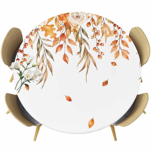 Round Fitted Tablecloth with Elastic Edge, Fall Blossom Flower Leaves Berry Waterproof Oil-Proof Table Cover, Thanksgiving Farm Theme Circle Table Cloth for Indoor Outdoor Picnic Party 55"x60"