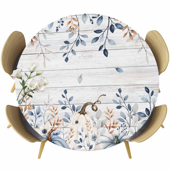 Round Fitted Tablecloth with Elastic Edge, Fall Eucalyptus Leaf Flower Waterproof Oil-Proof Table Cover, Thanksgiving Pumpkin Wood Board Circle Table Cloth for Indoor Outdoor Picnic Party 55"x60"