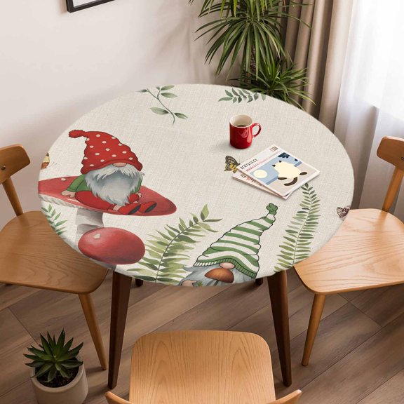Round Fitted Tablecloth with Elastic Edge, Fall Farmhouse Gnome Butterfly Fitted Table Cloth for Round Tables, Mushroom Leaves Retro Linen Waterproof Tablecloth for Outdoor Picnic Party 45-54in