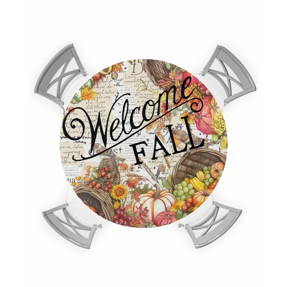 Round Fitted Tablecloth with Elastic Edge, Fall Fruits Harvest Pumpkins Robin Waterproof Oil-Proof Wipeable Tablecloth Decorative Table Cover for Indoor/Outdoor, Fit 36" - 44" Round Table