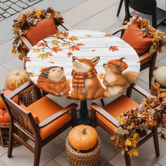 Round Fitted Tablecloth with Elastic Edge, Fall Maple Leaf Pumpkin Wood Plank Waterproof Oil-Proof Table Cover, Farm Hedgehog Fox Squirrel Circle Table Cloth for Indoor Outdoor Picnic Party 36"x44"