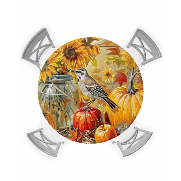 Round Fitted Tablecloth with Elastic Edge, Fall Oil Painting Apples Robin Bird Pumpkins Waterproof Oil-Proof Wipeable Tablecloth Table Cover Decor for Indoor/Outdoor, Fit 36" - 44" Round Table
