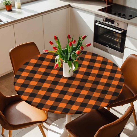 Round Fitted Tablecloth with Elastic Edge, Fall Orange Black Plaid Fitted Table Cloth for Round Tables, Halloween Minimalist Buffalo Check Waterproof Tablecloth for Outdoor Picnic Party 36-44in
