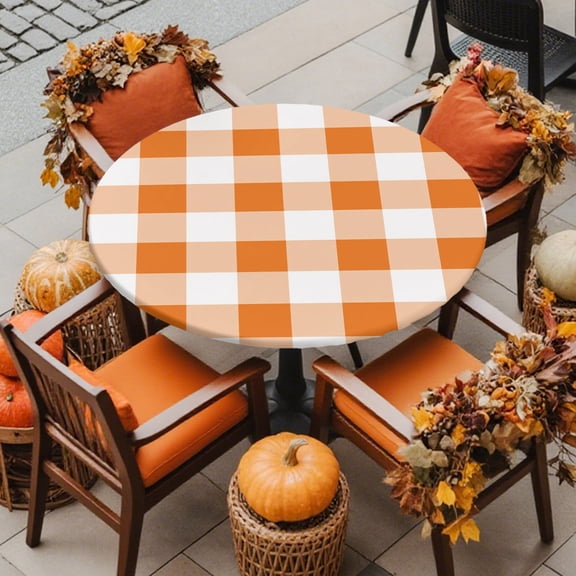 Round Fitted Tablecloth with Elastic Edge, Fall Orange Gingham Check Waterproof Oil-Proof Table Cover, Thanksgiving Classic Buffalo Circle Table Cloth for Indoor Outdoor Picnic Party 36"x44"