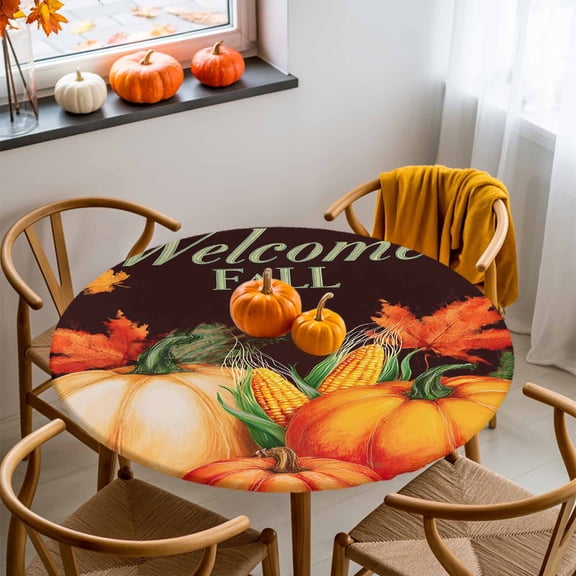 Round Fitted Tablecloth with Elastic Edge, Fall Pumpkin Corn Maple Leaf Fitted Table Cloth for Round Tables, Autumn Harvest on Dark Waterproof Tablecloth for Outdoor Picnic Party 55-60in