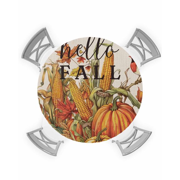 Round Fitted Tablecloth with Elastic Edge, Fall Pumpkin Harvest Corn Robin Leaves Retro Waterproof Oil-Proof Wipeable Tablecloth Table Cover Decor for Indoor/Outdoor, Fit 36" - 44" Round Table