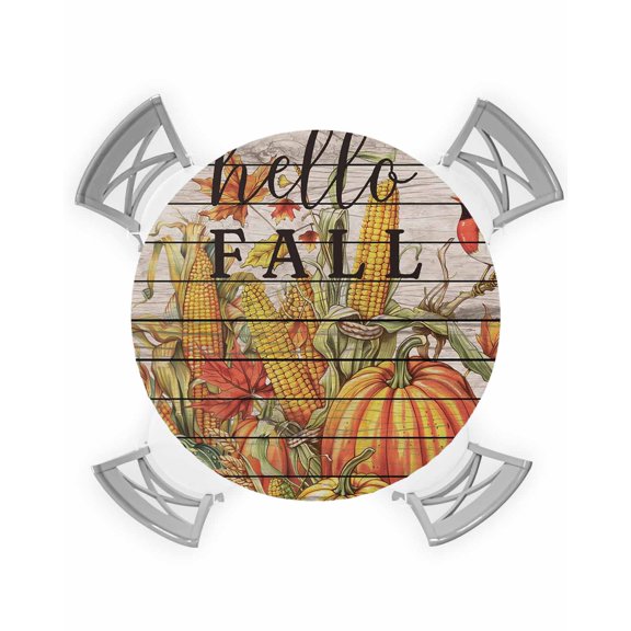Round Fitted Tablecloth with Elastic Edge, Fall Pumpkin Harvest Corn Robin Leaves Wood Waterproof Oil-Proof Wipeable Tablecloth Table Cover Decor for Indoor/Outdoor, Fit 36" - 44" Round Table