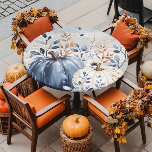 Round Fitted Tablecloth with Elastic Edge, Fall Thanksgiving Pumpkin Leaves Waterproof Oil-Proof Table Cover, Autumn Flower Rustic Wood Circle Table Cloth for Indoor Outdoor Picnic Party 36"x44"