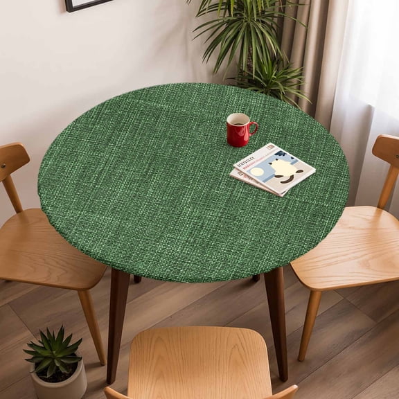 Round Fitted Tablecloth with Elastic Edge, Farm Dark Green Burlap Linen Fitted Table Cloth for Round Tables, Vintage Flax Waterproof Tablecloth for Outdoor Picnic Party 45-54in