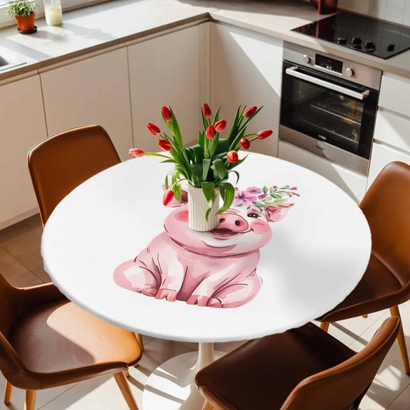 Round Fitted Tablecloth with Elastic Edge, Farm Pink Pig Flower Fitted Table Cloth for Round Tables, Cute Animal Waterproof Tablecloth for Outdoor Picnic Party 36-44in