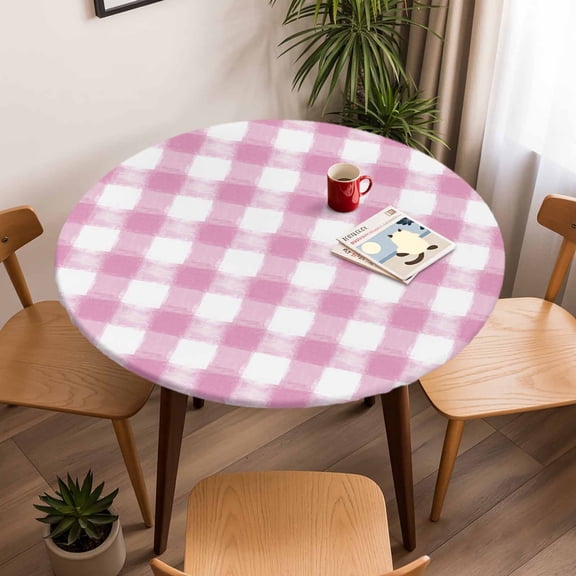 Round Fitted Tablecloth with Elastic Edge, Farm Rustic Pink Buffalo Plaids Fitted Table Cloth for Round Tables, Watercolor Rural Lattice Grid Waterproof Tablecloth for Outdoor Picnic Party 45-54in