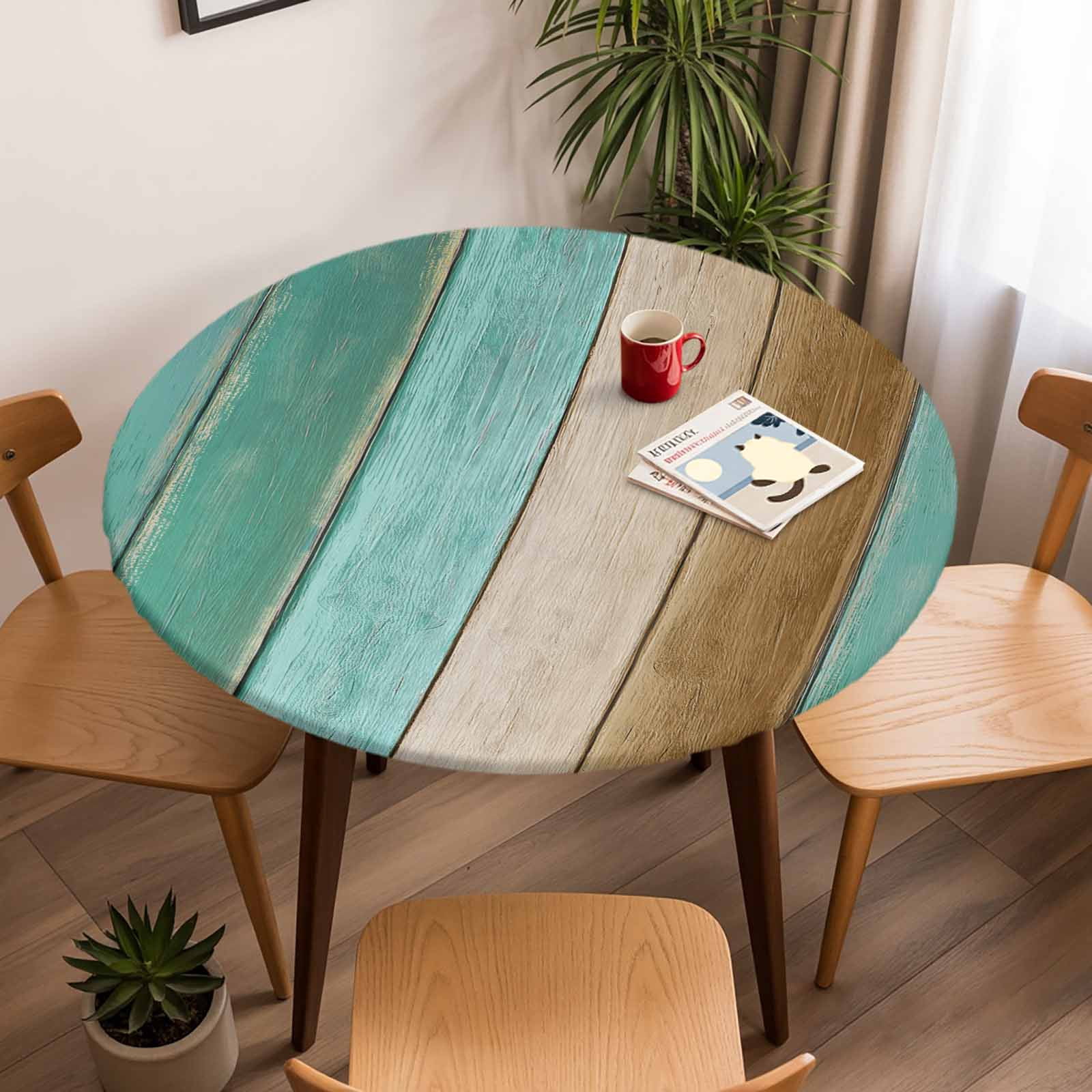 Bornze Gradient Round Fitted Tablecloth with Elastic Edge, Farm Teal Gradient Wood ...
