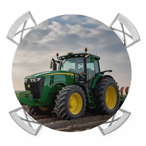 Round Fitted Tablecloth with Elastic Edge, Farm Tractor Waterproof Table Cloth Table Cover for 36"-44" Tables, Green Truck Country Rustic Field Harvester Tablecloths for Dining Picnic Party Outdoor