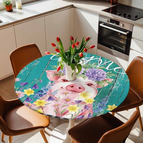 Round Fitted Tablecloth with Elastic Edge, Farm Watercolor Flower Pink Pig Fitted Table Cloth for Round Tables, Rustic Wood Grain Buffalo Waterproof Tablecloth for Outdoor Picnic Party 36-44in