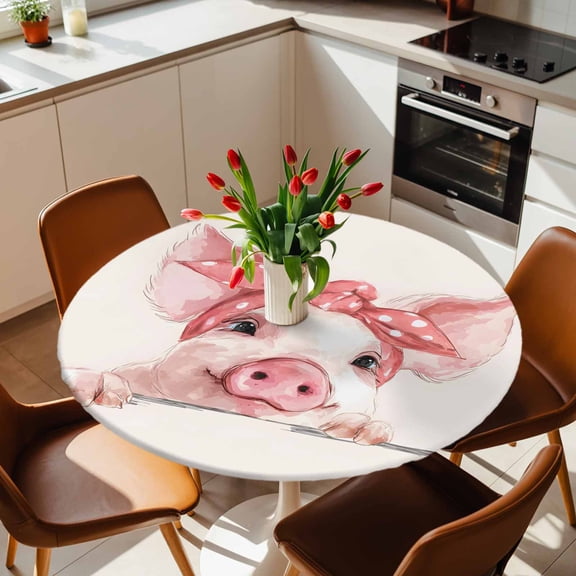 Round Fitted Tablecloth with Elastic Edge, Farm Watercolor Pink Pig Fitted Table Cloth for Round Tables, Cartoon Animal Waterproof Tablecloth for Outdoor Picnic Party 36-44in