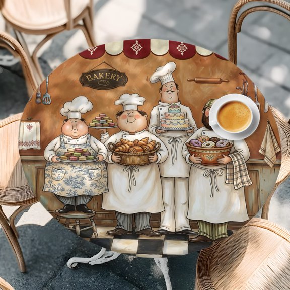 Round Fitted Tablecloth with Elastic Edge, Farmhouse Cartoon Chef Waterproof Oil-Proof Table Cover, Cooking Theme Black White Checkered Circle Table Cloth for Indoor Outdoor Picnic Party 36"x44"