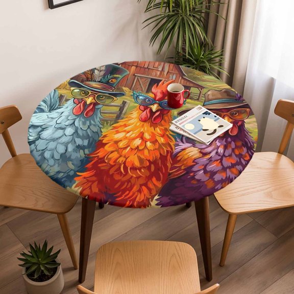 Round Fitted Tablecloth with Elastic Edge, Farmhouse Colorful Roosters Hats Sunglasses Fitted Table Cloth for Round Tables, Rustic Red Barn Waterproof Tablecloth for Outdoor Picnic Party 45-54in