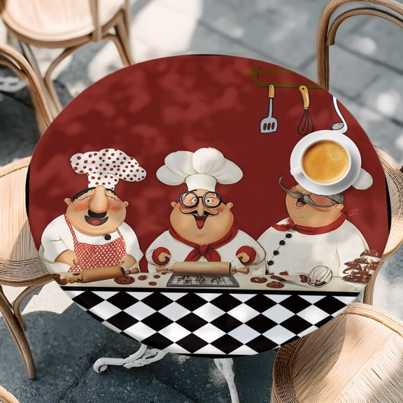 Round Fitted Tablecloth with Elastic Edge, Farmhouse Funny Chefs Waterproof Oil-Proof Table Cover, Vintage Red Buffalo Check Circle Table Cloth for Indoor Outdoor Picnic Party 36"x44"