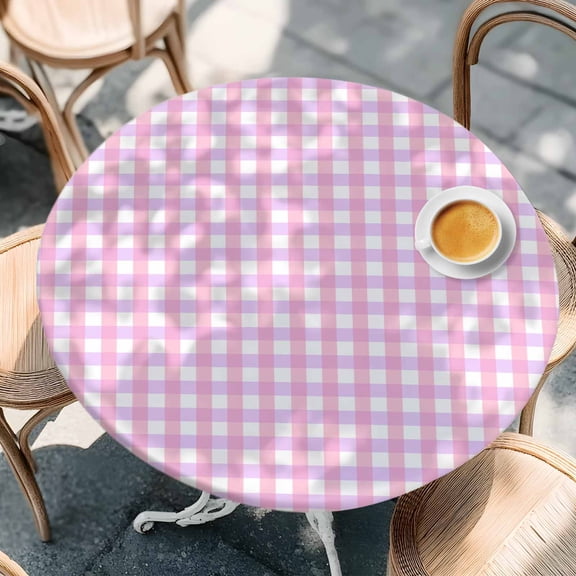 Round Fitted Tablecloth with Elastic Edge, Farmhouse Pink Purple Plaid Waterproof Oil-Proof Table Cover, Watercolor Gingham Check Circle Table Cloth for Indoor Outdoor Picnic Party 36"x44"