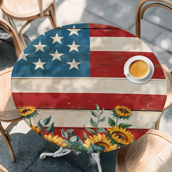 Round Fitted Tablecloth with Elastic Edge, Farmhouse Sunflower on Wood USA Flag Waterproof Oil-Proof Table Cover, 4th of July Theme Circle Table Cloth for Indoor Outdoor Picnic Party 36"x44"