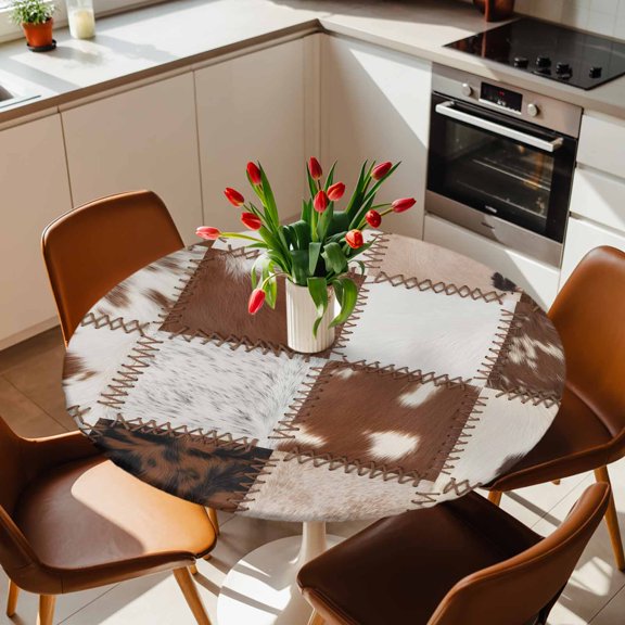 Round Fitted Tablecloth with Elastic Edge, Farmhouse Western Cowboy Brown Color Block Fitted Table Cloth for Round Tables, Animal Fur Waterproof Tablecloth for Outdoor Picnic Party 36-44in