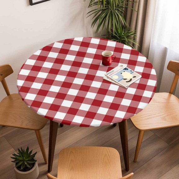 Round Fitted Tablecloth with Elastic Edge, Farmhsoue Christmas Red White Buffalo Check Fitted Table Cloth for Round Tables, Rural Style Waterproof Tablecloth for Outdoor Picnic Party 45-54in